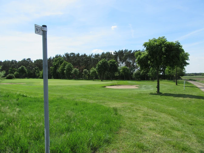 Weitläufiger Golfpfad mit gepflegtem Rasen, umgeben von Bäumen unter klarem blauem Himmel.