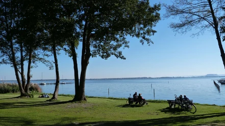 Mardorf Lüttjen Mardorf Ein ruhiger See mit Radfahrern und Spaziergängern auf einer Wiese unter Bäumen im Sonnenlicht.
