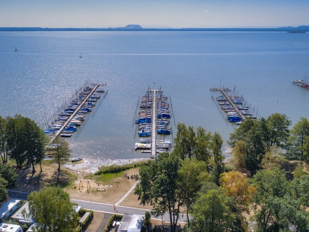 Stege in Mardorf Stege am Seeufer in Mardorf mit zahlreichen Segelbooten, umgeben von Bäumen und campers.