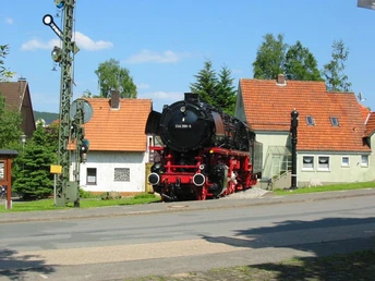 Denkmal-Lokomotive 044 in Altenbeken Historische Dampflok 044-389-5 steht auf Gleisstück vor Fachwerkhäusern in Altenbeken.