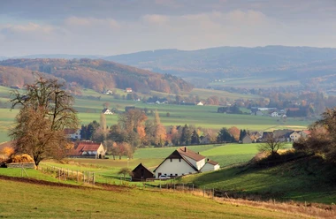 Blick auf das herbstliche Eggetal Herbstliche Landschaft mit sanften Hügeln, saftig grünen Wiesen und bunten Bäumen im Eggetal.