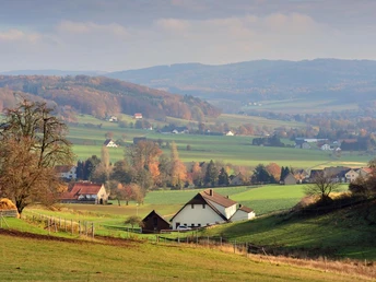 Blick auf das herbstliche Eggetal Herbstliche Landschaft mit sanften Hügeln, saftig grünen Wiesen und bunten Bäumen im Eggetal.