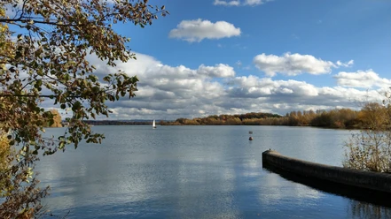 Blick über den Lippesee Herbstliche Landschaft am Lippesee mit Segelboot, Wolkenhimmel und Ufer im Vordergrund.