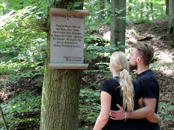 Infotafel zur Uffoburg (hitorische Wallanlage) Infotafel zur Uffoburg im Wald, mit zwei Menschen, die den Text aufmerksam lesen.
