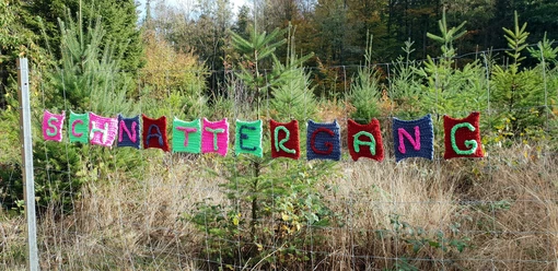 Bunte Strickbuchstaben formen das Wort "Schnattergang" an einem Maschendrahtzaun im Wald.