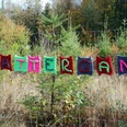 Bunte Strickbuchstaben formen das Wort "Schnattergang" an einem Maschendrahtzaun im Wald.