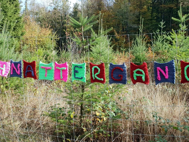 Bunte Strickbuchstaben formen das Wort "Schnattergang" an einem Maschendrahtzaun im Wald.
