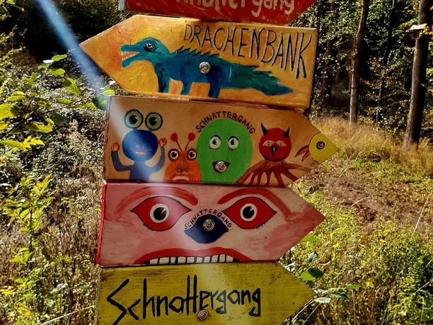 Eine bunte Wegweisertafel im Wald mit humorvoll gestalteten Schildern und verspielten Illustrationen.