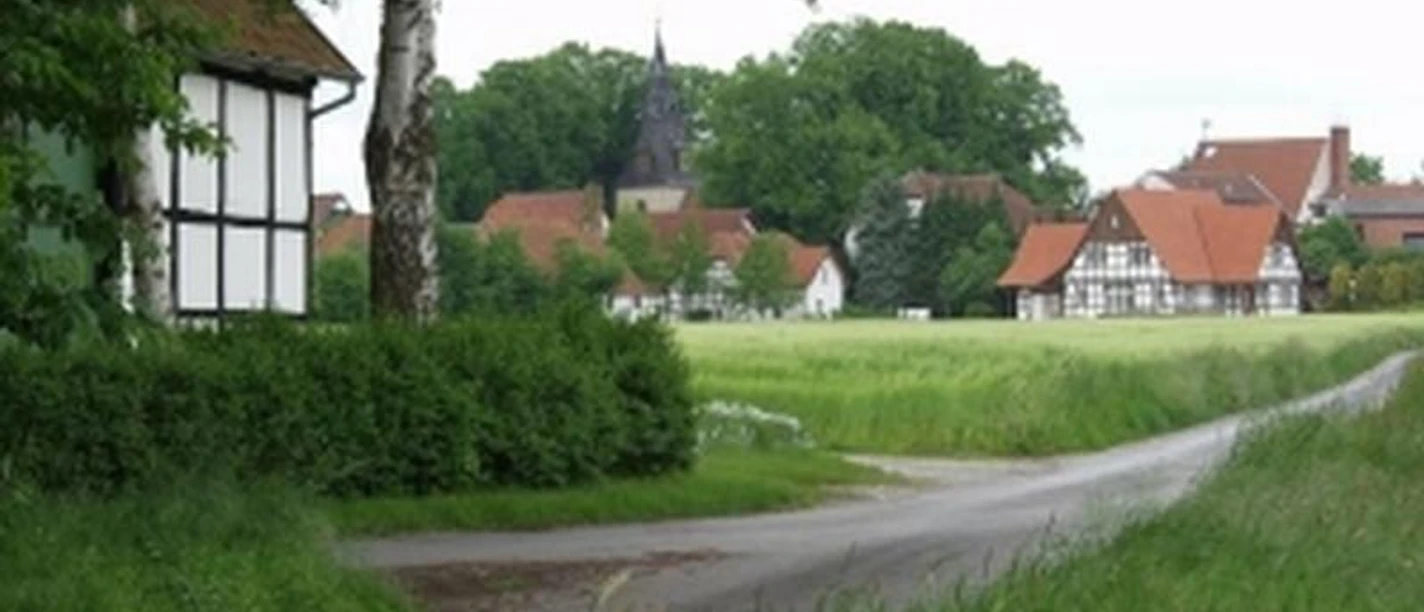 Anfahrt auf Bockhorst Ländliche Szene mit einer schmalen Straße durch grüne Felder und traditionellen Fachwerkhäusern.