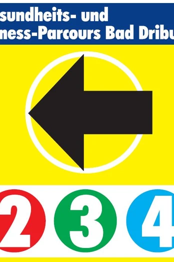 Tour Gesundheits- und Fitness-Parcours Bad Driburg Wegweiser für den Gesundheits- und Fitness-Parcours Bad Driburg mit Pfeil und bunten Zahlen 2, 3, 4.