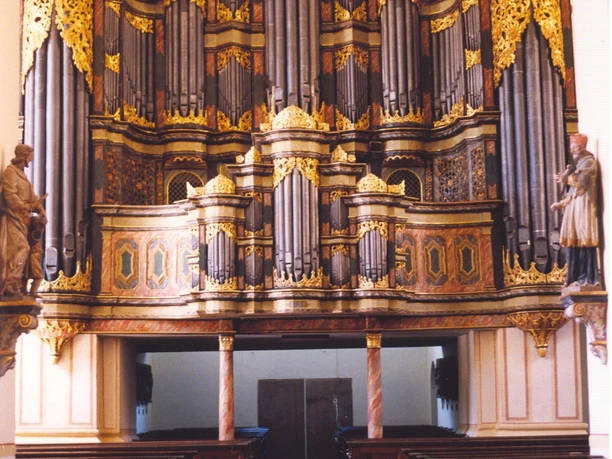 Johann Patroklus Müller Orgel in der Abteikirche Die Johann Patroklus Müller Orgel besticht durch prachtvolle Details und beeindruckende Pfeifen im Sakralraum.