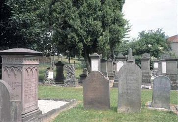 Der Judenfriedhof ist einen Besuch wert. Grabsteine verschiedener Größe und Form auf grüner Wiese, umgeben von Bäumen auf einem Friedhofsareal.