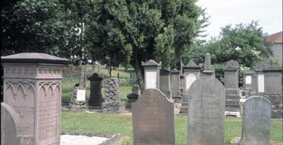 Der Judenfriedhof ist einen Besuch wert. Grabsteine verschiedener Größe und Form auf grüner Wiese, umgeben von Bäumen auf einem Friedhofsareal.