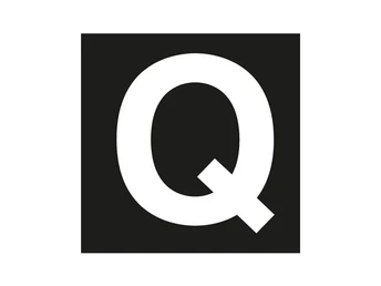 Wegzeichen des Quellenwegs Großes schwarzes Quadrat mit einem weißen, zentrierten Buchstaben "Q" darauf.