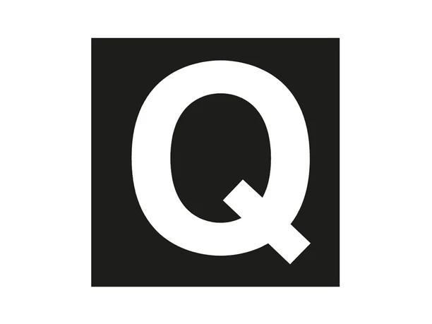 Wegzeichen des Quellenwegs Großes schwarzes Quadrat mit einem weißen, zentrierten Buchstaben "Q" darauf.