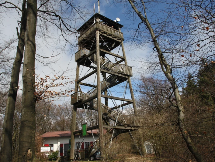 Hölzerner Aussichtsturm mit mehreren Plattformen im Wald, eingebettet in eine von Bäumen umgebene Landschaft.