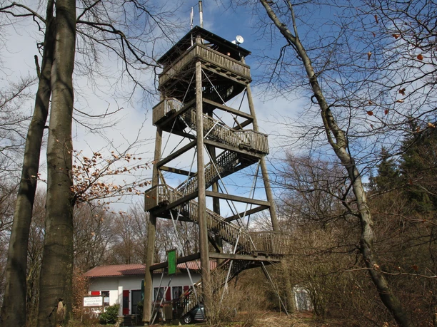 Luisenturm Borgholzhausen Hölzerner Aussichtsturm mit mehreren Plattformen im Wald, eingebettet in eine von Bäumen umgebene Landschaft.