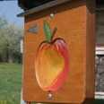 Der Apfel weist den Weg Ein Holzschild mit einem bunten Apfel weist auf einen Wanderweg in ländlicher Umgebung hin.