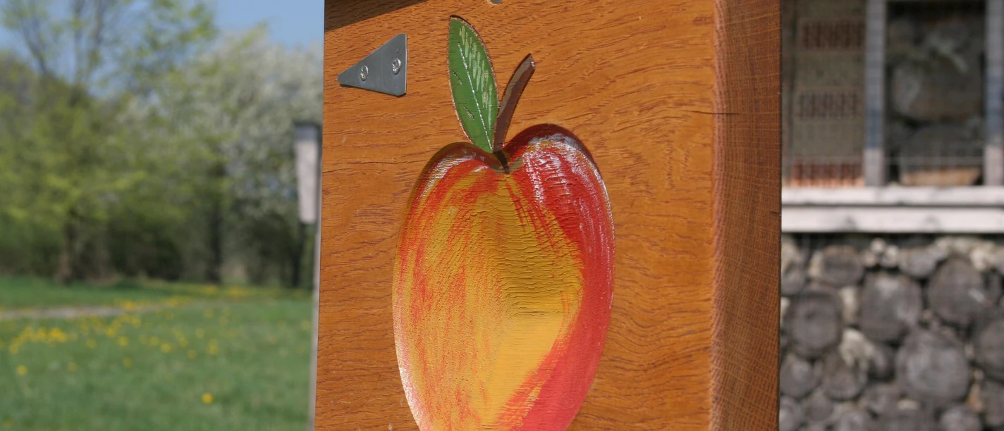 Der Apfel weist den Weg Ein Holzschild mit einem bunten Apfel weist auf einen Wanderweg in ländlicher Umgebung hin.