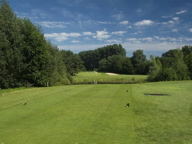 Golfplatz Peckeloh Golfplatz im Grünen mit weitläufigem Fairway, umgeben von Bäumen und blauem Himmel im Hintergrund.