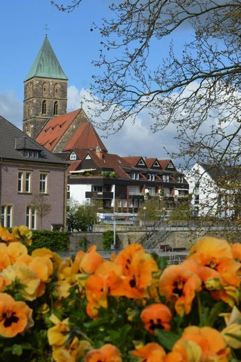 Bunte Blumen im Vordergrund, dahinter ein Kirchturm und Gebäude der Innenstadt bei blauem Himmel.