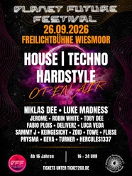 Neon-Festivalplakat: Planet Future Festival, 26.09.2026, House, Techno, Hardstyle.