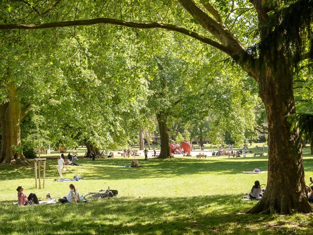 Sonnige Wiese im Günthersburgpark mit alten Bäumen, Picknickgästen und Spielplatz