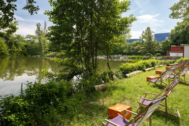 Deck chairs on the green shore of Schwedlersee in Frankfurt, framed by trees
