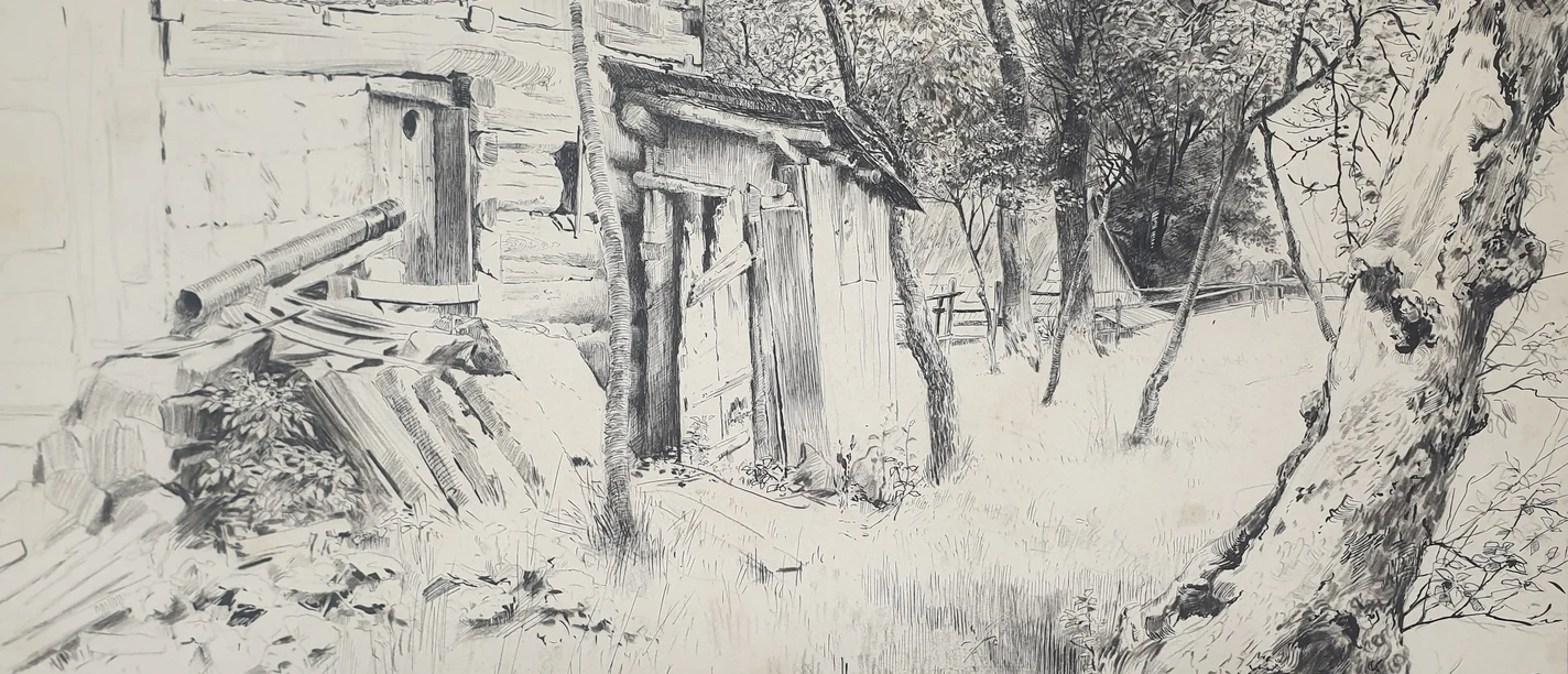 Robert Sterl, Ecke eines Bauernhauses mit Garten, 1892, Schwarze Tusche, Feder, 318 x ca. 449 mm, Naundorf, Robert-Sterl-Haus, Z 1666, Foto: Robert-Sterl-Haus