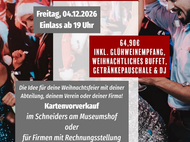 Flyer zur Adventsparty 2026 bei Schneiders am Museumshof mit tanzenden Gästen in Weihnachtsmützen
