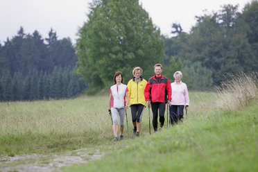Nordic Walking auf dem Gesundheits - & Fitness-Parcours Vier Personen beim Nordic Walking auf einem Fitness-Parcours, umgeben von Wiesen und Bäumen.