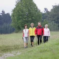 Nordic Walking auf dem Gesundheits - & Fitness-Parcours Vier Personen beim Nordic Walking auf einem Fitness-Parcours, umgeben von Wiesen und Bäumen.