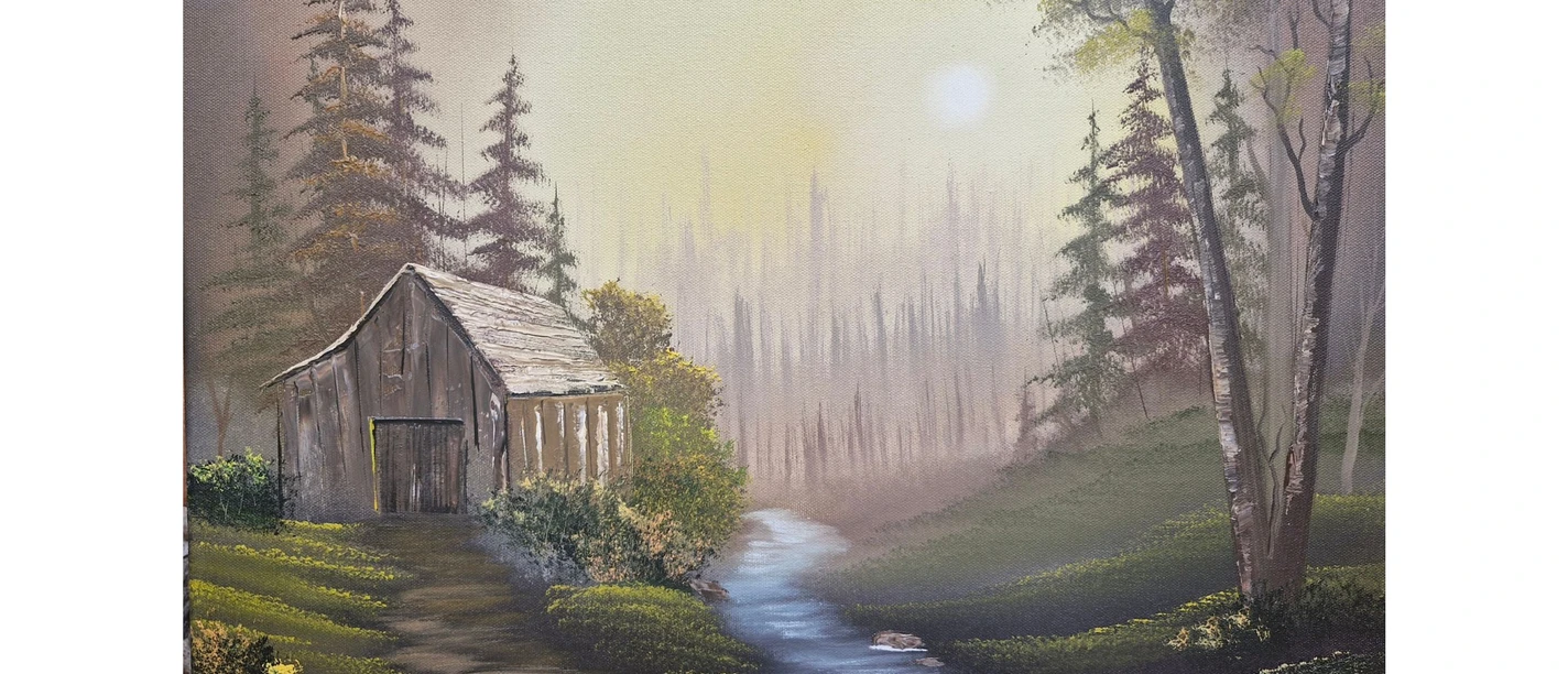 Gemaltes Bild mit einem Wald im Nebel und einer kleinen Hütte