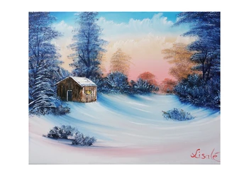 Gemaltes Bild von einer Landschaft mit Schnee und einer kleinen Hütte