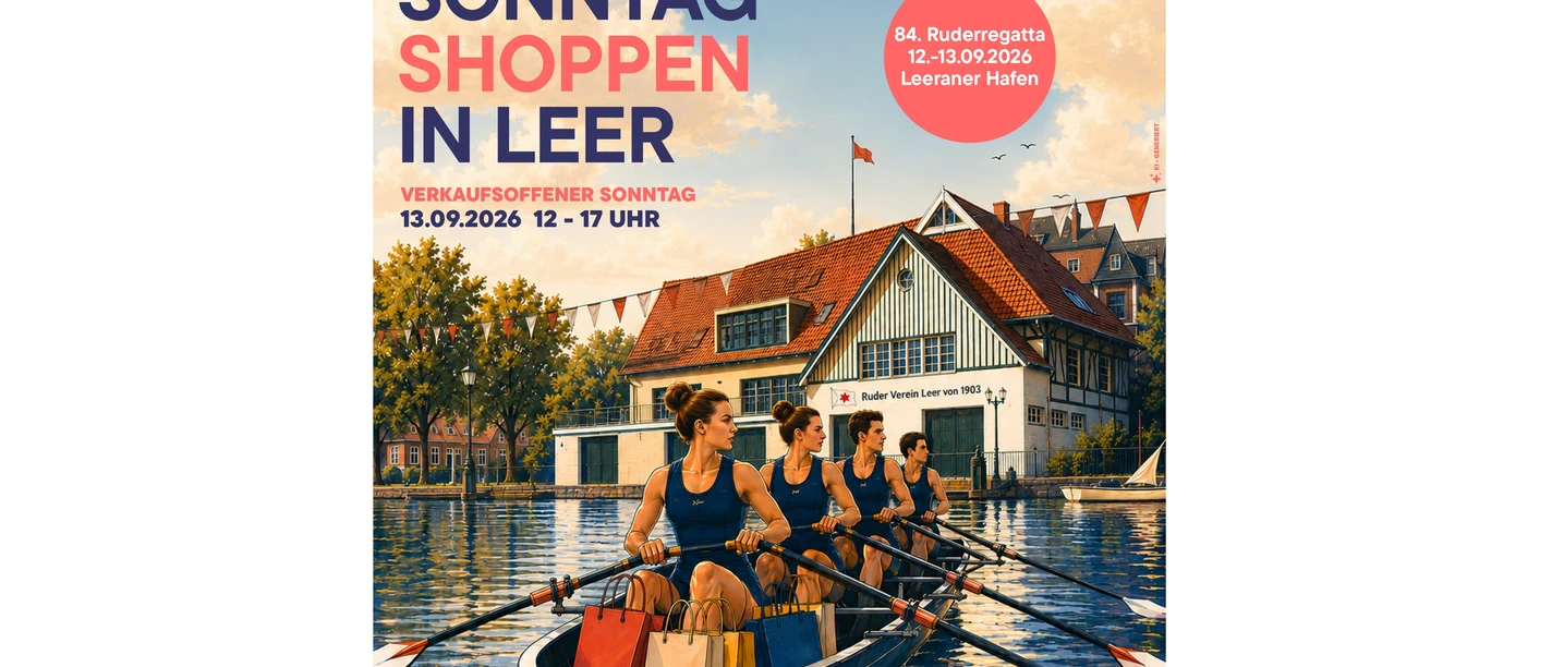 Plakat zu Sonntag shoppen in Leer: Ruderteam mit Einkaufstaschen im Boot am Hafen.