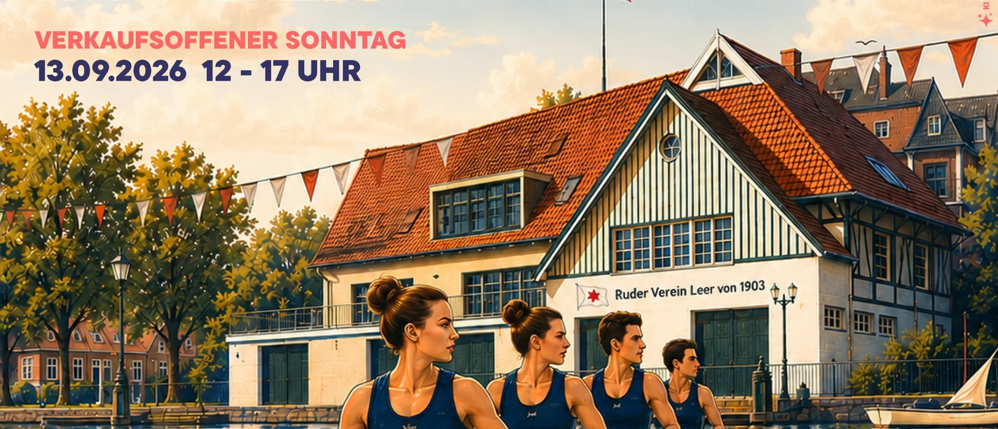 Plakat zu Sonntag shoppen in Leer: Ruderteam mit Einkaufstaschen im Boot am Hafen.
