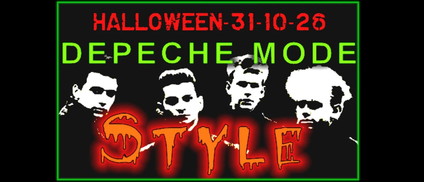 Halloween-Flyer zur Depeche-Mode-Party in der monoBar mit Bandporträts und Neonfarben