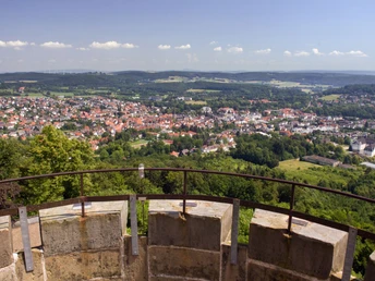 Blick auf Bad Driburg Panoramablick vom Aussichtspunkt auf die weitläufige Landschaft und Stadt Bad Driburg im Grünen.