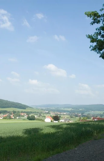 Eggetal in Börninghausen Eine weite, grüne Landschaft im Eggetal mit einem Kiesweg und vereinzelten Häusern unter blauem Himmel.