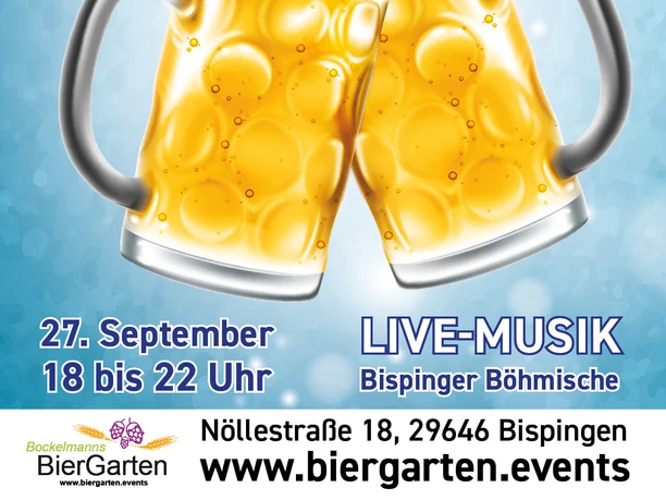 Oktoberfest-Flyer mit zwei Bierkrügen, Wimpeln, Eintritt frei und Live-Musik.