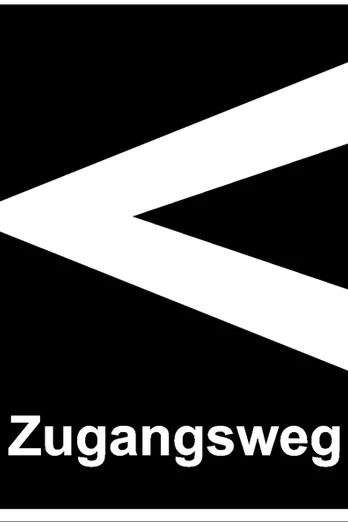 Markierung des Zugangswegs Hermannshöhen Schwarzes Schild mit weißem Pfeil nach links, darunter steht der Text "Zugangsweg".