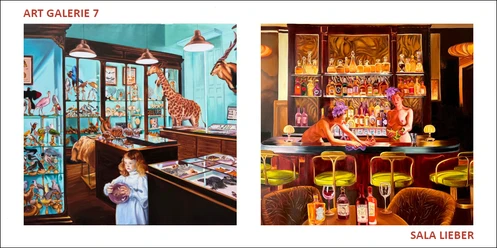 Zwei farbintensive Gemälde von Sala Lieber: Wunderkammer mit Tieren und Bar-Szene.