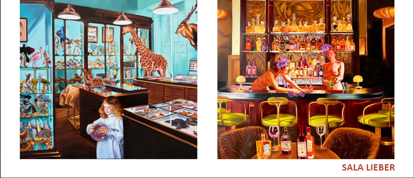 Two vibrantly colored paintings by Sala Lieber: "Cabinet of Curiosities with Animals" and "Bar Scene."