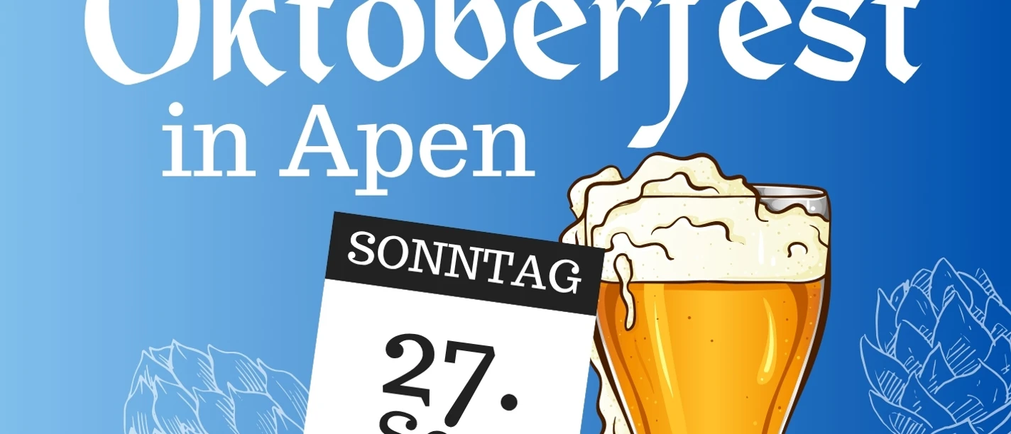 Plakat zum Oktoberfest in Apen 2026: 27. Sep., Bierglas, Brezel und Programmhinweise.