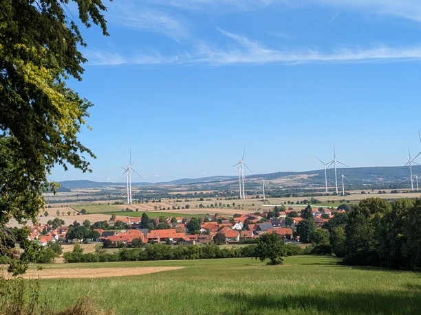 Blick auf das Dorf Dassensen mit roten Dächern, umgeben von Feldern und Windkraftanlagen.