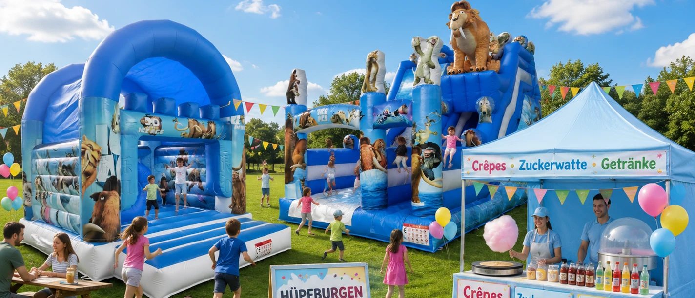 Blaue Hüpfburgen mit Tierfiguren und Süßwarenstand beim sonnigen Familienfest.