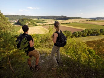 Schwiemelkopf Aussicht Zwei Wanderer mit Rucksäcken betrachten von einem Hügel die weite, vielfältige Landschaft im Sommer.