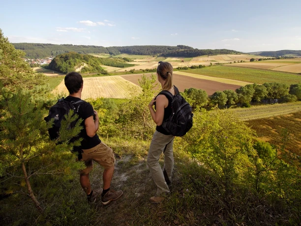 Schwiemelkopf Aussicht Zwei Wanderer mit Rucksäcken betrachten von einem Hügel die weite, vielfältige Landschaft im Sommer.