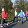 Nordic Walker Eine Gruppe von fünf Personen geht auf einem asphaltierten Weg mit Nordic Walking Stöcken spazieren.