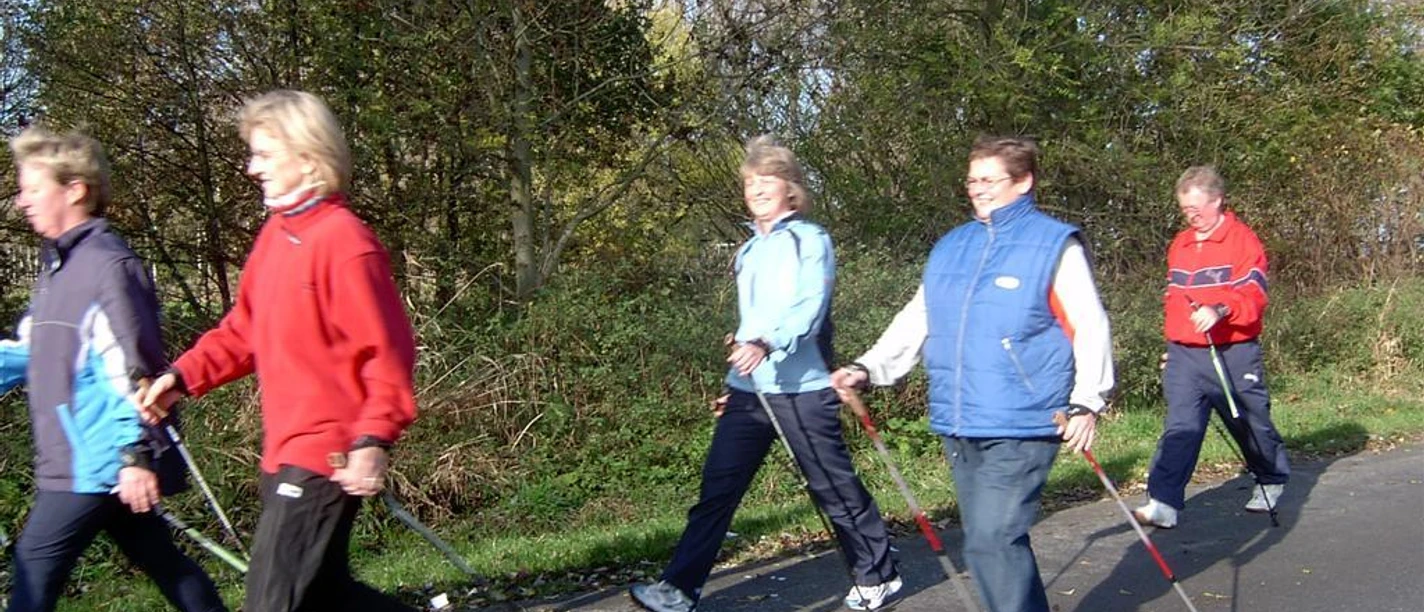Nordic Walker Eine Gruppe von fünf Personen geht auf einem asphaltierten Weg mit Nordic Walking Stöcken spazieren.